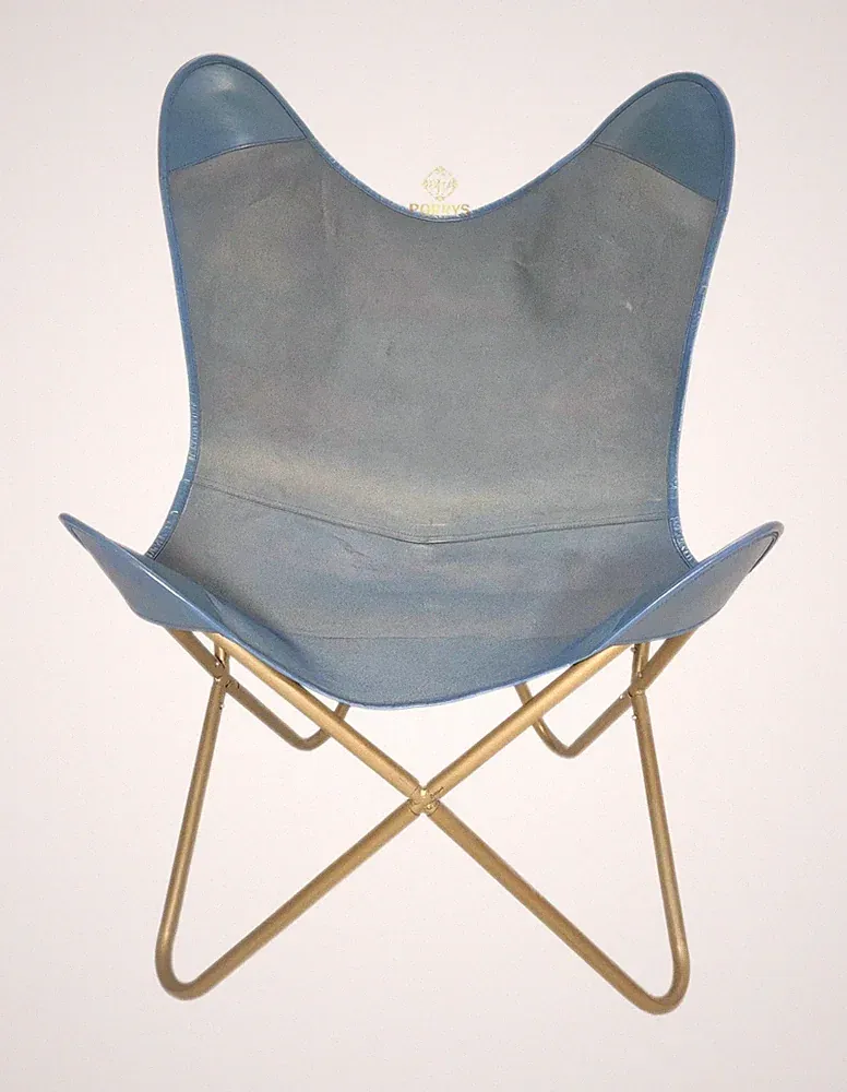 Blue Canva Genuine Leather Butterfly Relax Lounge Accent Chair Rustic Modern Plw