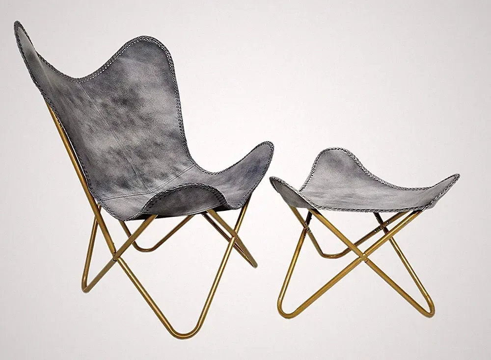 Handmade Gray Leather Butterfly Chair With Footstool Folding Relax Accent Chair