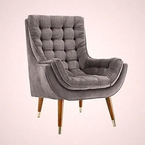 Valencia Tufted Wing Chair In Grey Velvet Fabric High Quality Upholstered